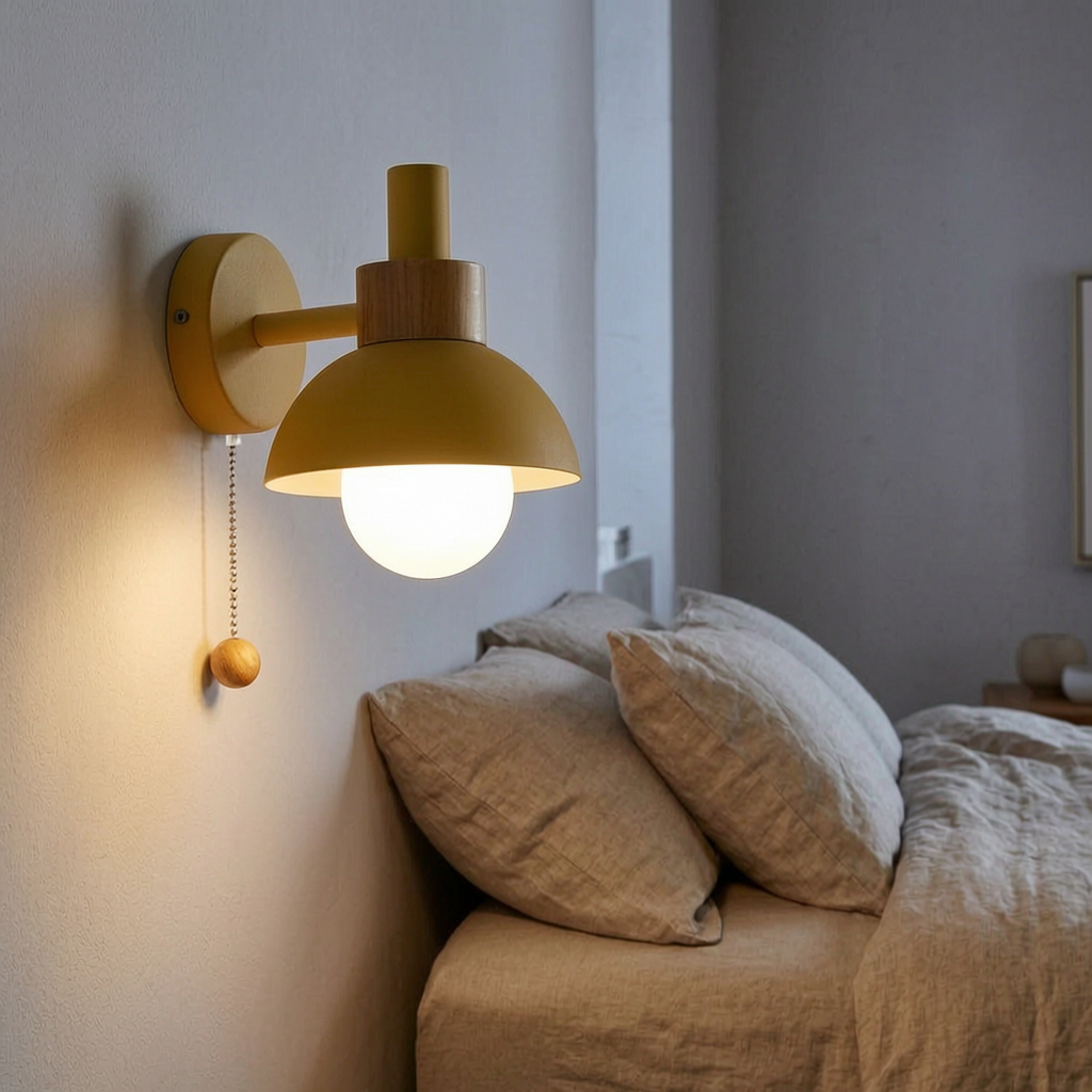 Lámpara de pared con madera nórdica encendida junto a una cama