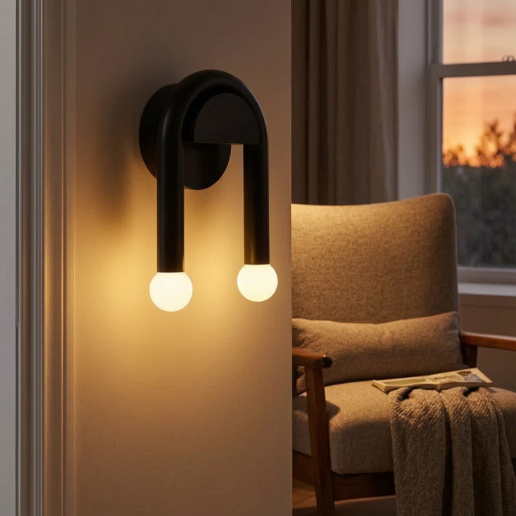 Lámpara de pared Arcus encendida junto a un sillón de lectura