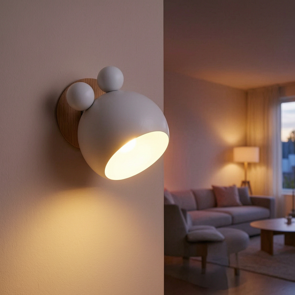 Lámpara de pared FlashMouse encendida en un salón moderno