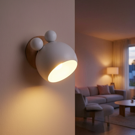 Lámpara de pared FlashMouse encendida en un salón moderno
