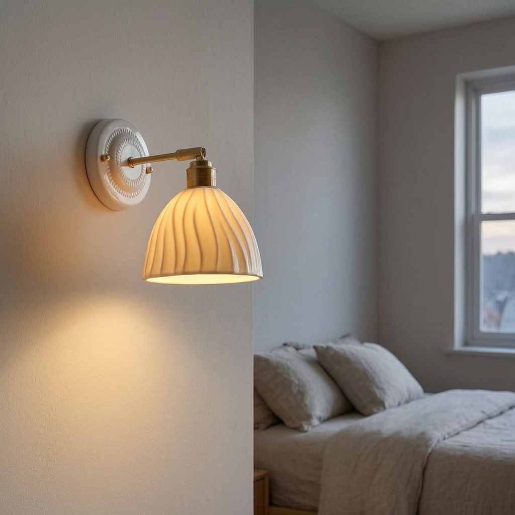 Lámpara de pared de cerámica crema encendida en un dormitorio