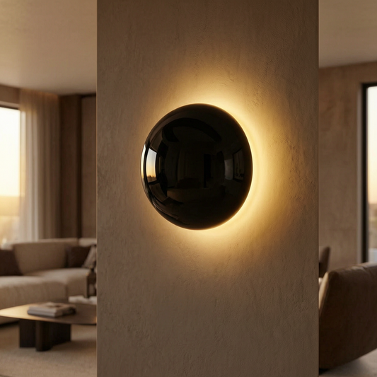 Lámpara de pared Bauhaus Eclipse encendida en un salón