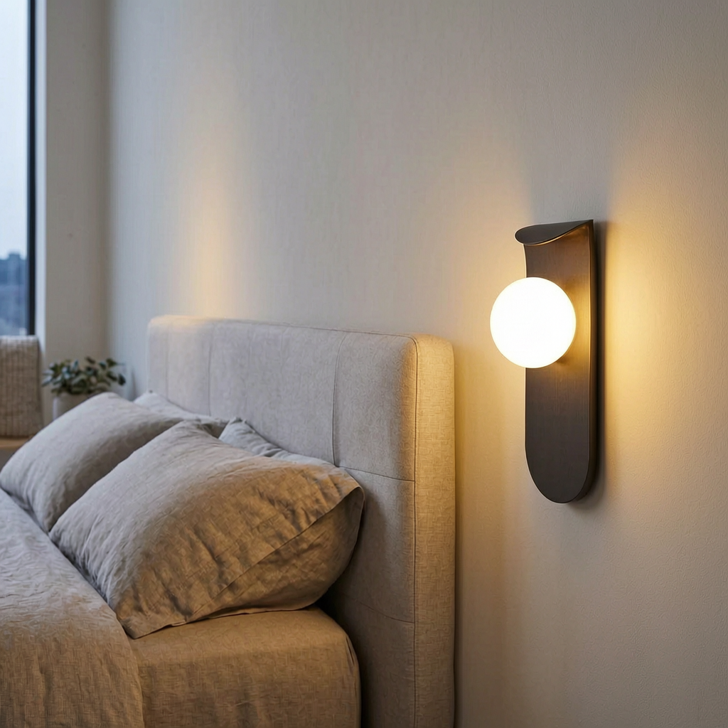 Lámpara de pared escandinava encendida junto a una cama