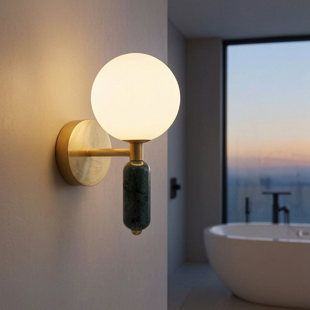 Lámpara de pared de mármol y vidrio encendida en un baño