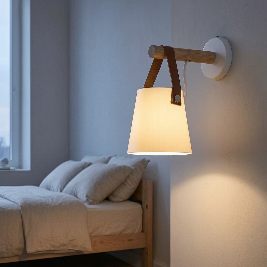 Lámpara de pared de madera y cuero encendida junto a una cama