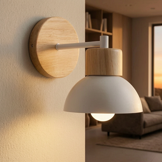 Lámpara de pared de madera y metal encendida en un salón