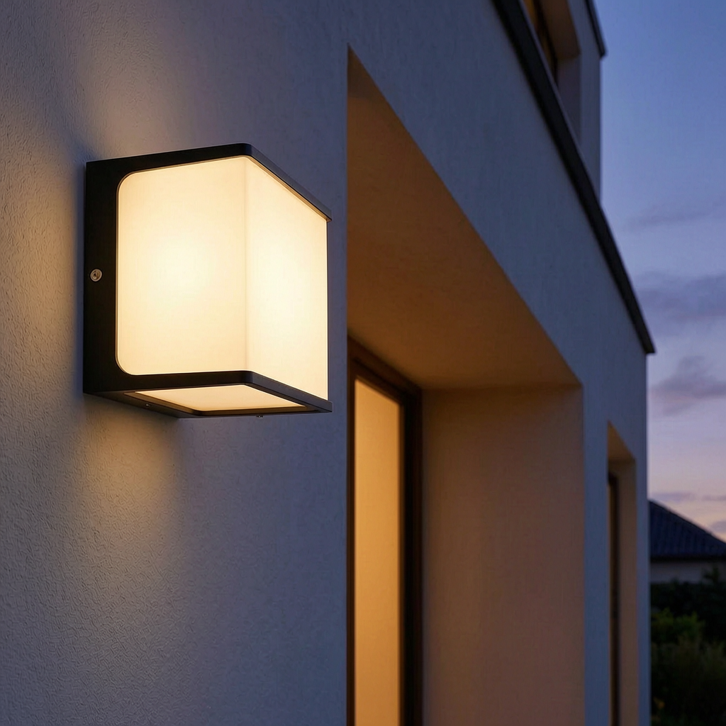 Luz exterior AeroCube encendida en la entrada de una casa