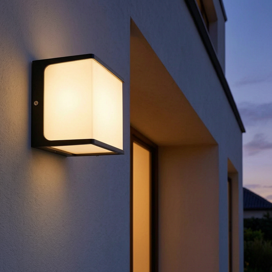 Luz exterior AeroCube encendida en la entrada de una casa