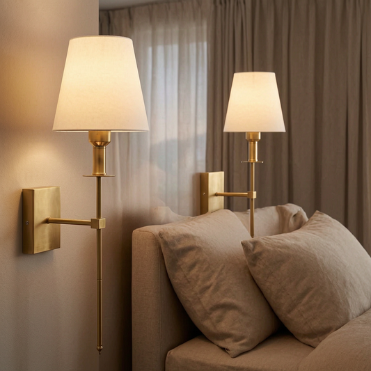 Luces de pared inalámbricas encendidas a ambos lados de una cama