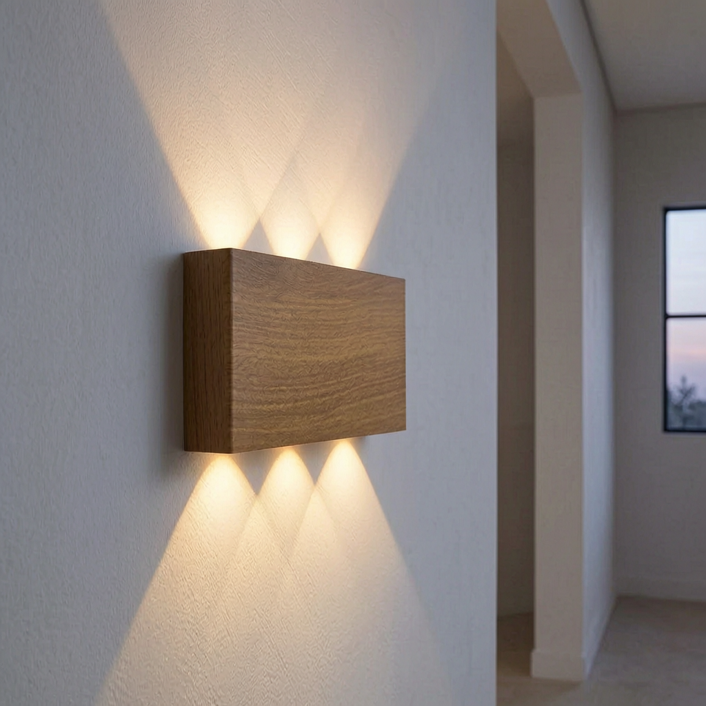Lámpara recargable LumiBlock encendida en un pasillo