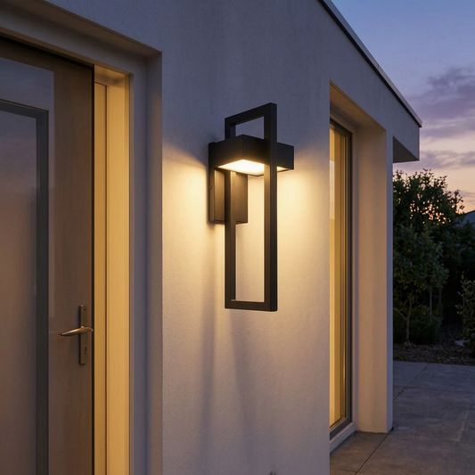 Lámpara de pared exterior encendida junto a la puerta
