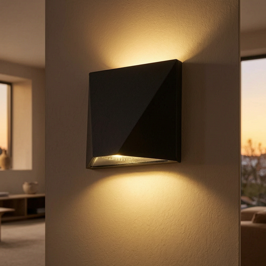 Lámpara de pared LED negra encendida en un salón
