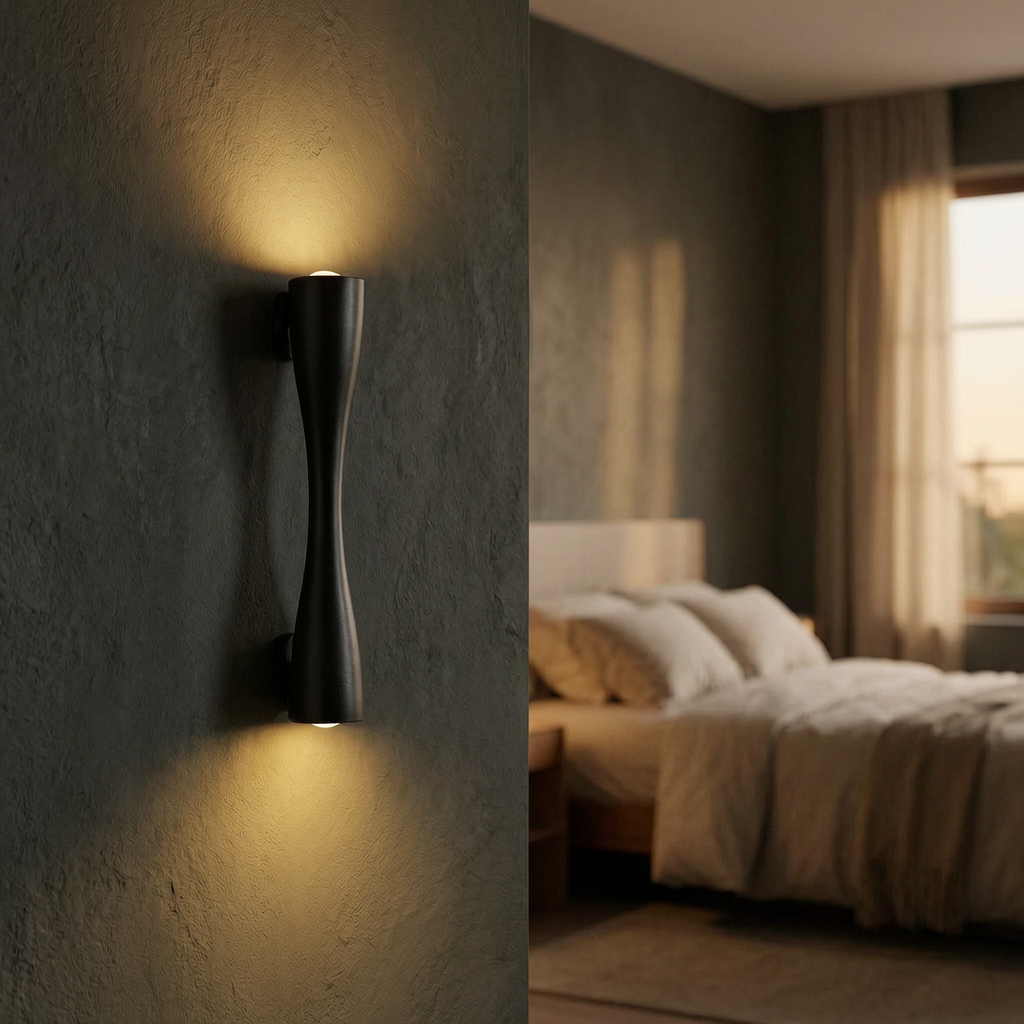 Lámpara de pared dorada encendida en un dormitorio elegante