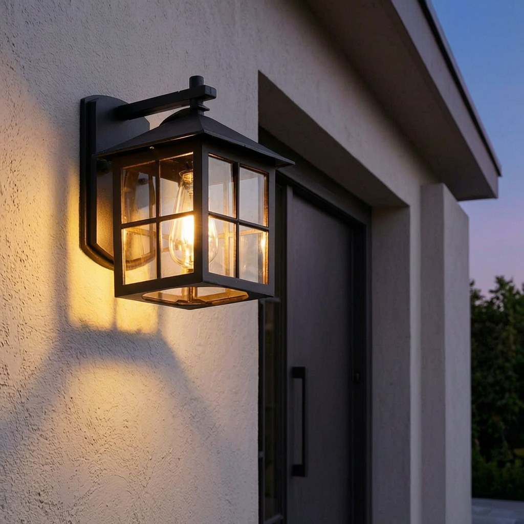 Lámpara exterior Camden encendida junto a la puerta de una casa