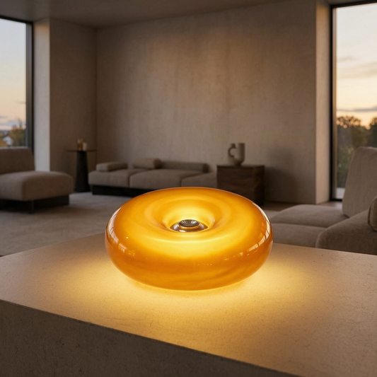 Lámpara Donut Bauhaus encendida en un salón elegante