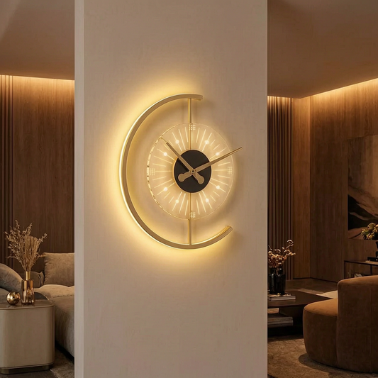 Reloj de pared Lunaris con luz en un salón elegante