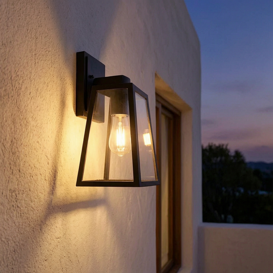 Lámpara exterior Verona encendida en una terraza mediterránea