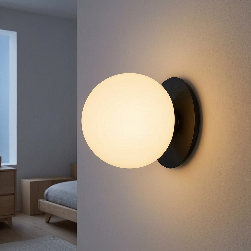 Lámpara de pared Nordic Globe encendida en un dormitorio