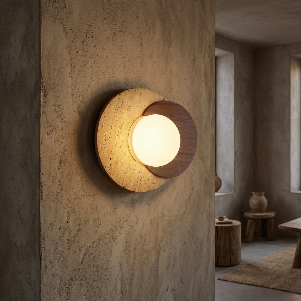 Lámpara de pared de piedra wabi-sabi encendida en un salón
