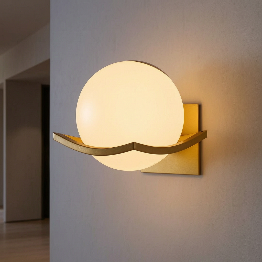 Lámpara de pared Makar encendida en un pasillo elegante