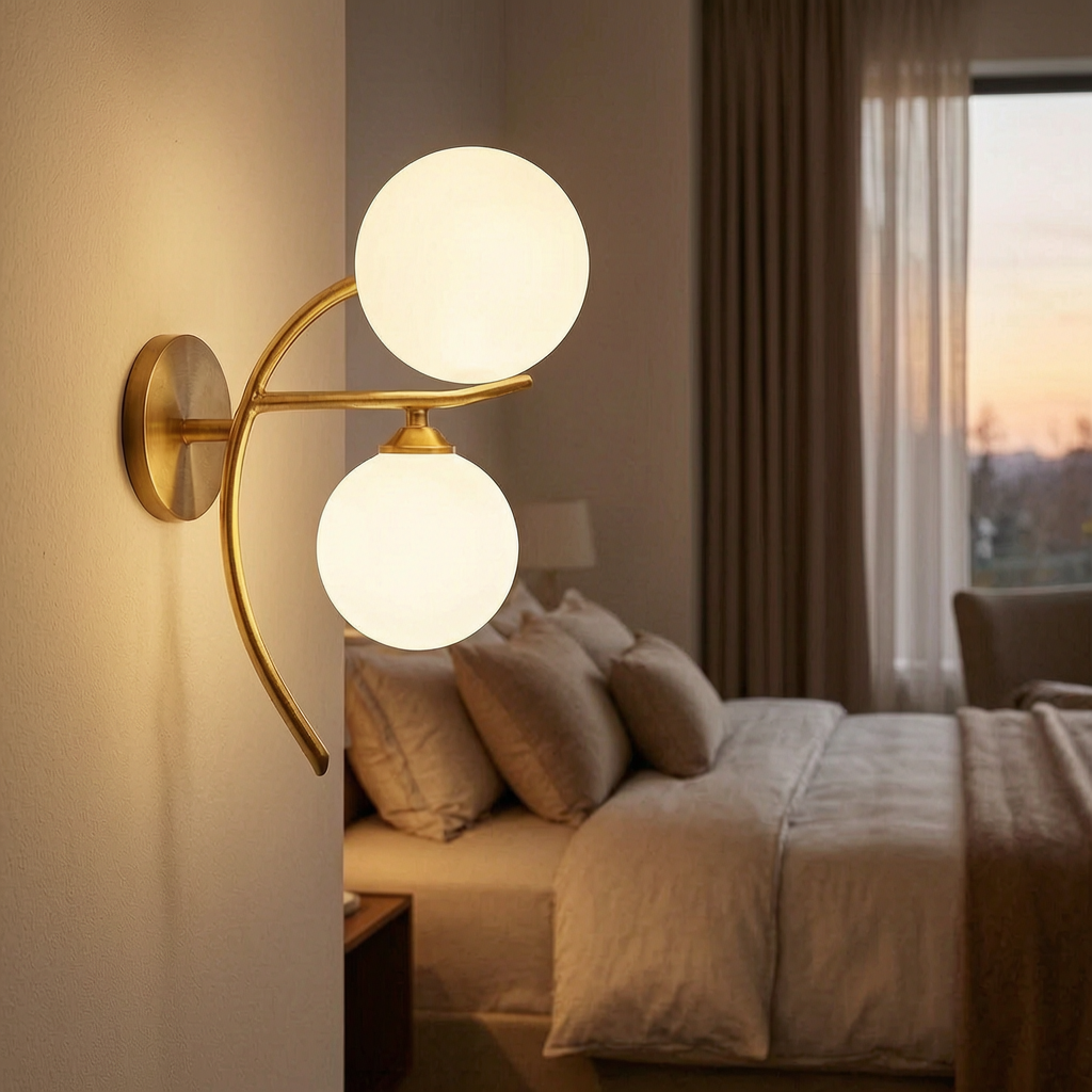 Lámpara de pared Lunara encendida junto a una cama