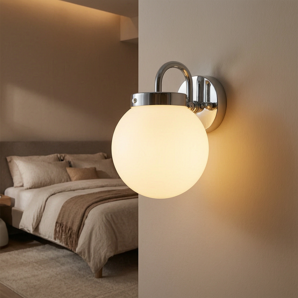 Lámpara de pared acolchada encendida en un dormitorio