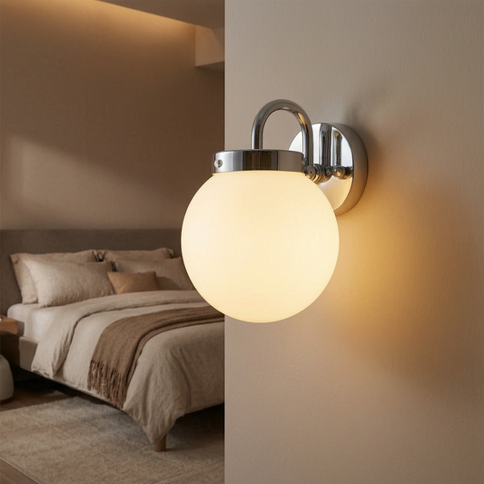 Lámpara de pared acolchada encendida en un dormitorio