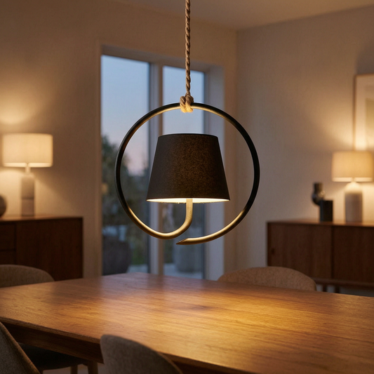 Colgante recargable LumiLoop encendido sobre una mesa de comedor