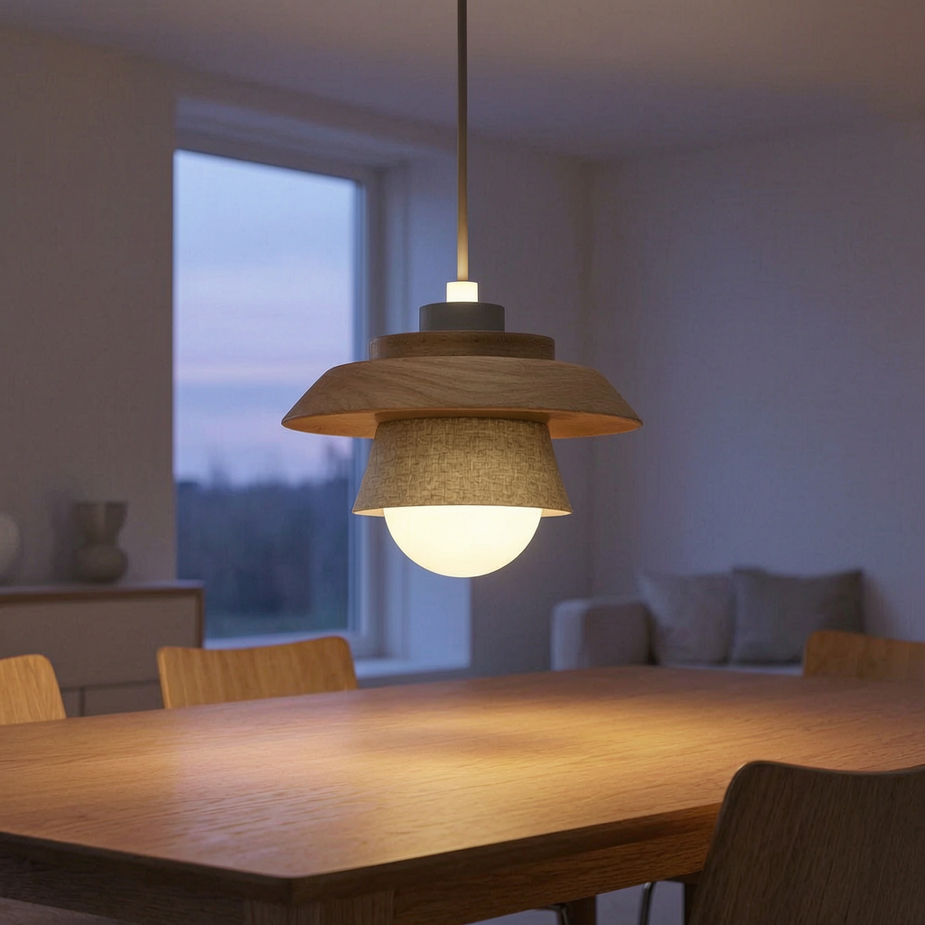 Lámpara colgante de madera nórdica encendida sobre una mesa