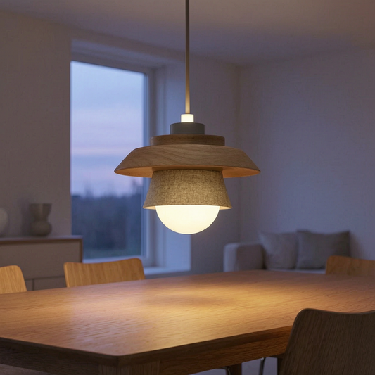 Lámpara colgante de madera nórdica encendida sobre una mesa