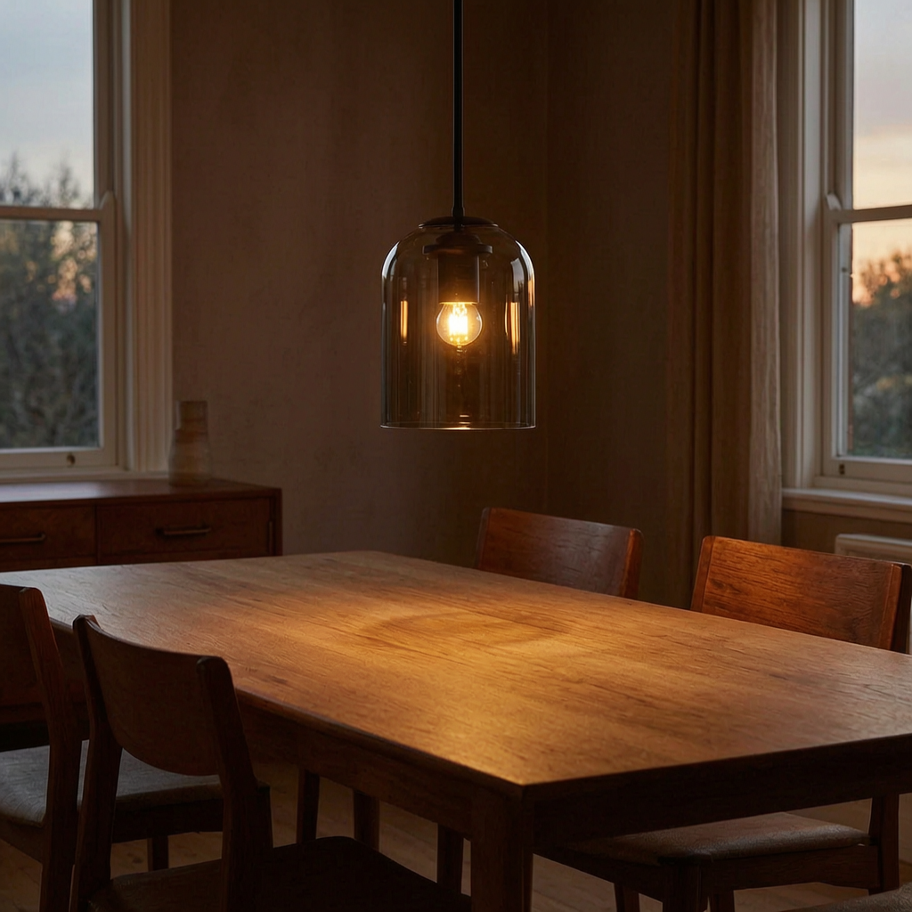 Lámpara colgante Mica mid-century encendida sobre una mesa