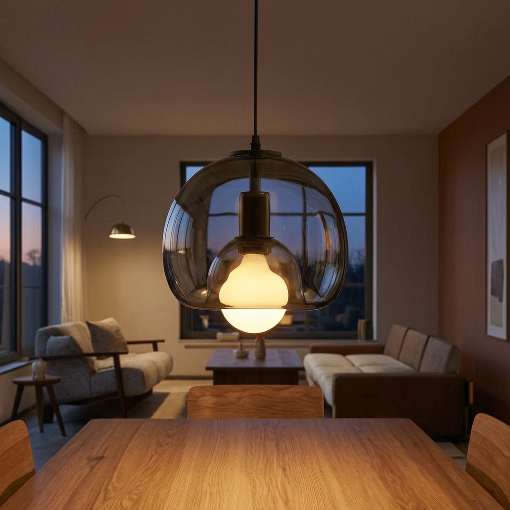 Lámpara colgante Clyde encendida sobre una mesa de comedor