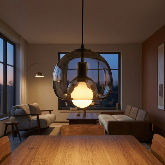 Lámpara colgante Clyde encendida sobre una mesa de comedor