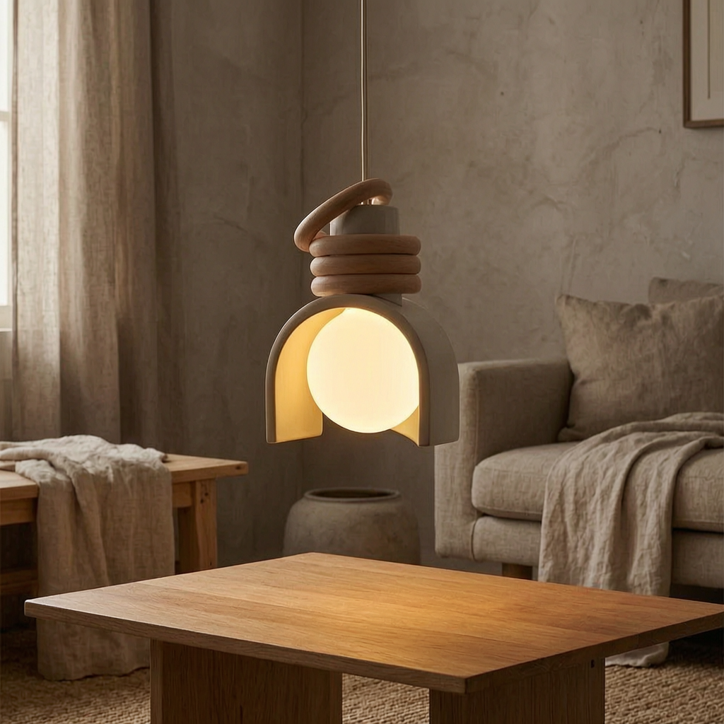 Lámpara colgante wabi-sabi encendida en un salón
