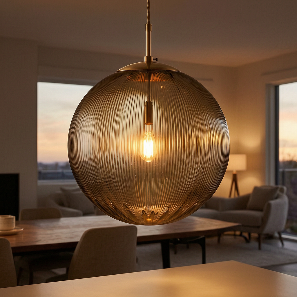 Lámpara colgante de bola de cristal encendida sobre una mesa
