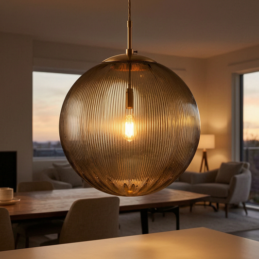 Lámpara colgante de bola de cristal encendida sobre una mesa