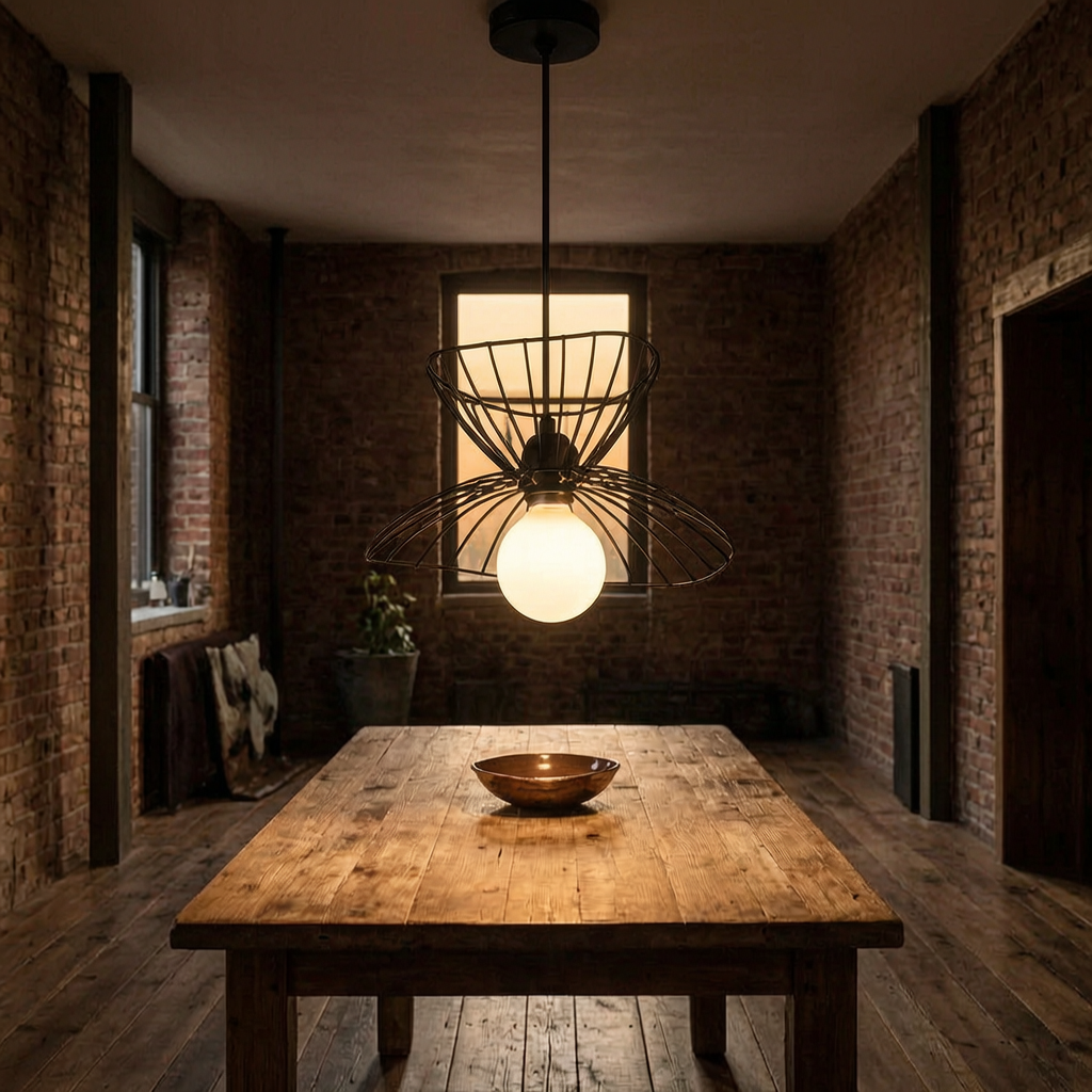 Lámpara colgante retro negra encendida sobre una mesa