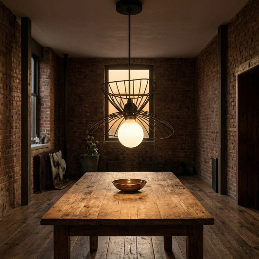 Lámpara colgante retro negra encendida sobre una mesa