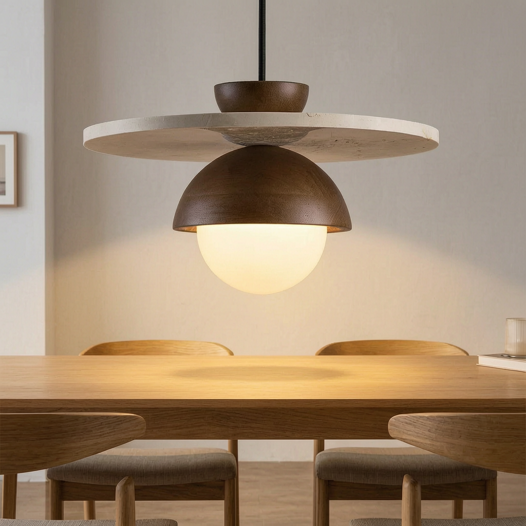 Lámpara colgante Dinamarca encendida sobre una mesa de comedor
