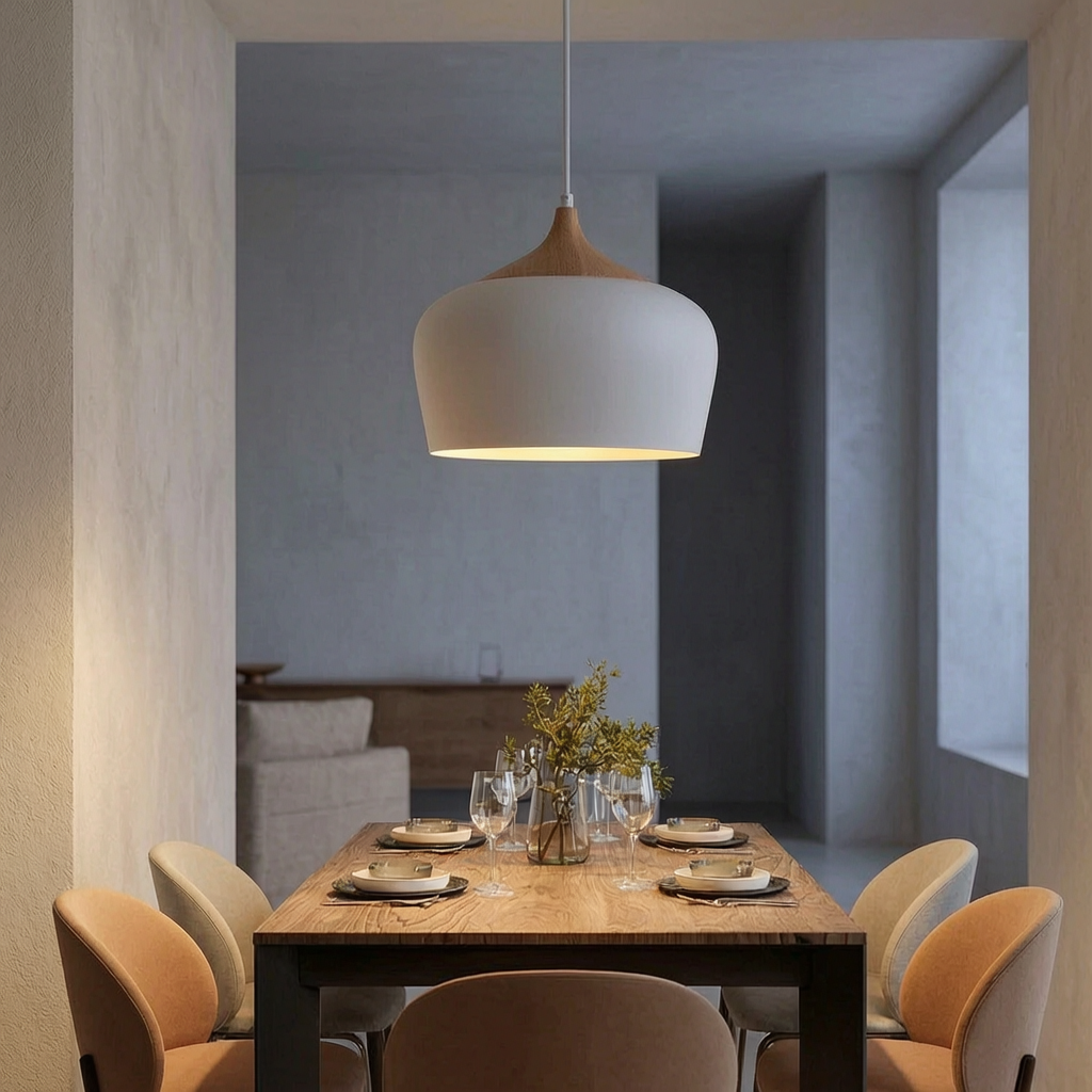 Lámpara colgante escandinava encendida sobre una mesa de comedor