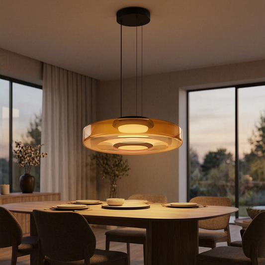 Lámpara colgante de vidrio encendida sobre una mesa de comedor
