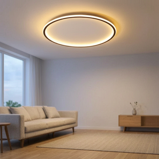 Lámpara de techo Nordic Disc encendida en un salón nórdico