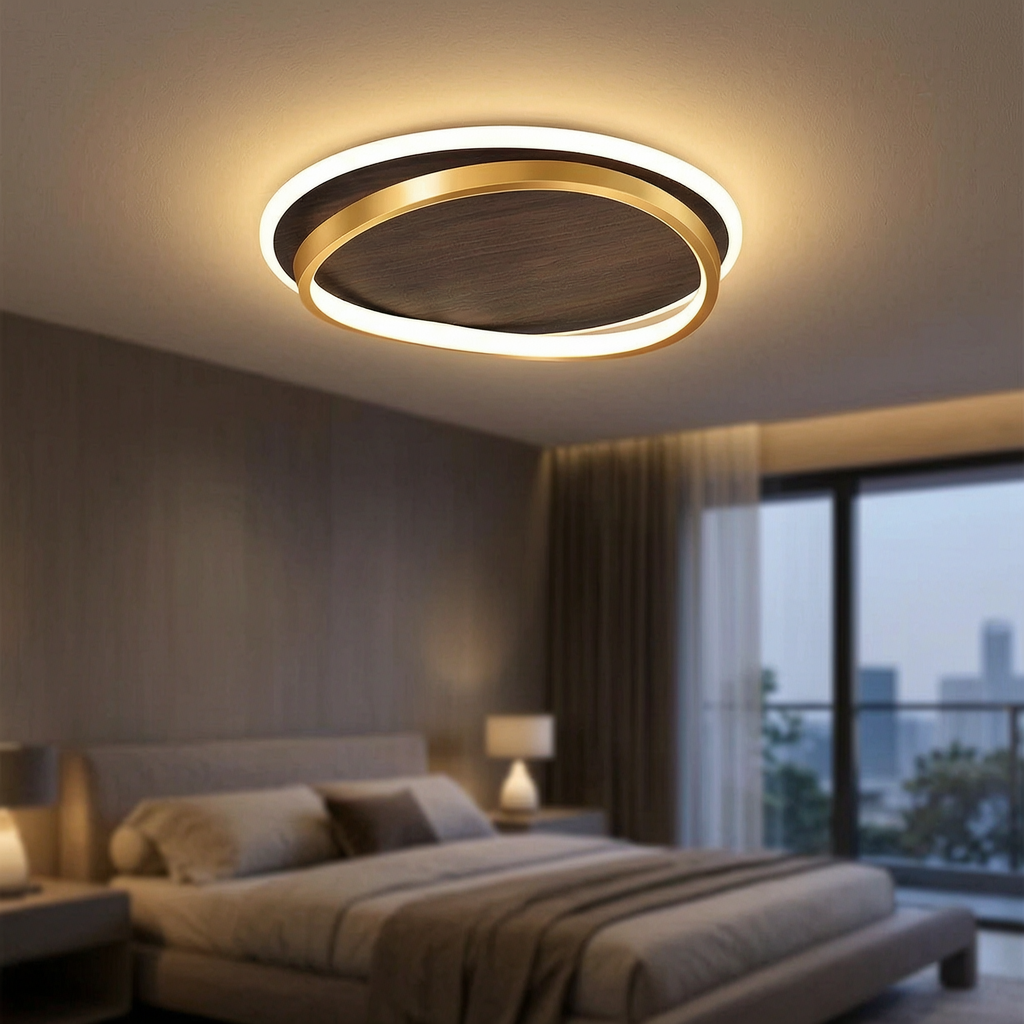 Lámpara de techo LED moderna encendida en un dormitorio