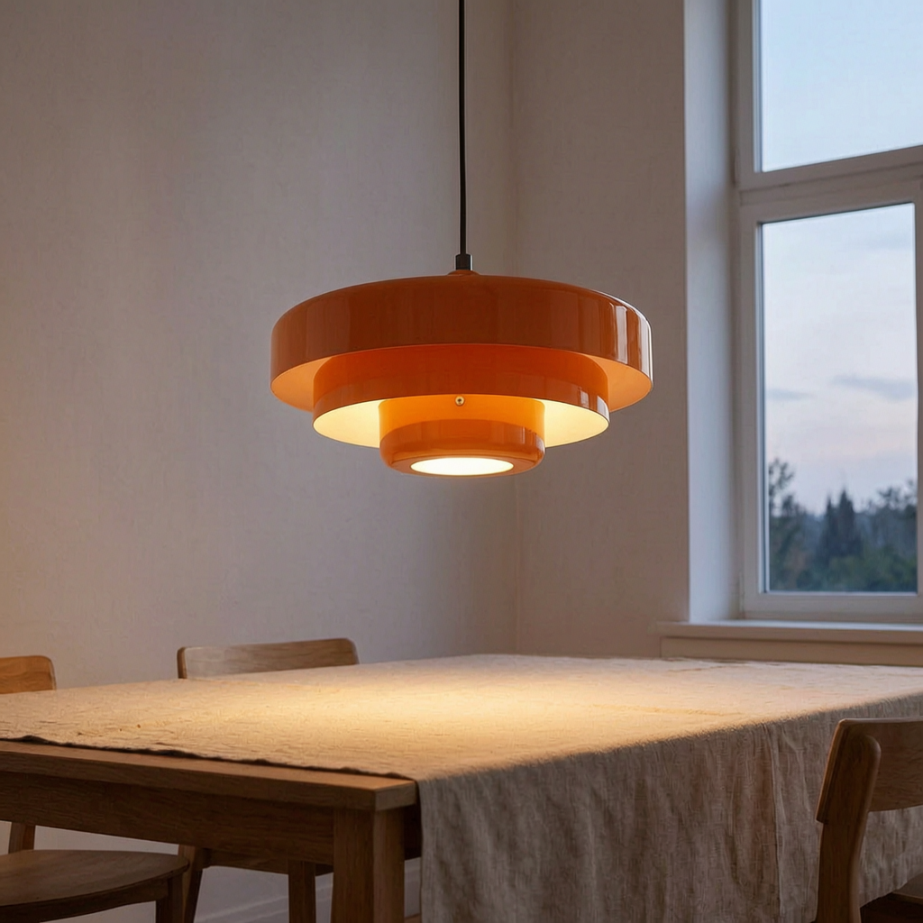 Lámpara colgante multicapa encendida sobre una mesa de comedor