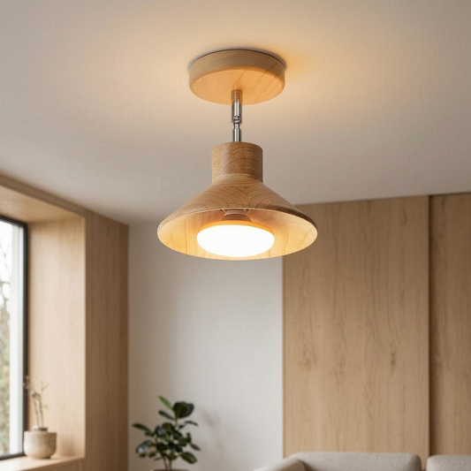 Lámpara de techo NordicWood encendida en un salón nórdico
