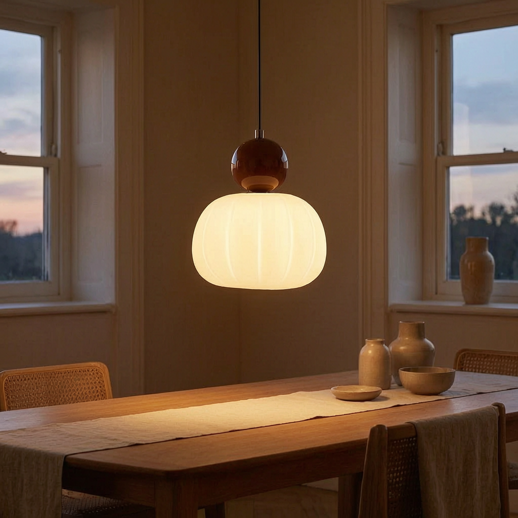 Lámpara colgante Yedra encendida sobre una mesa de comedor