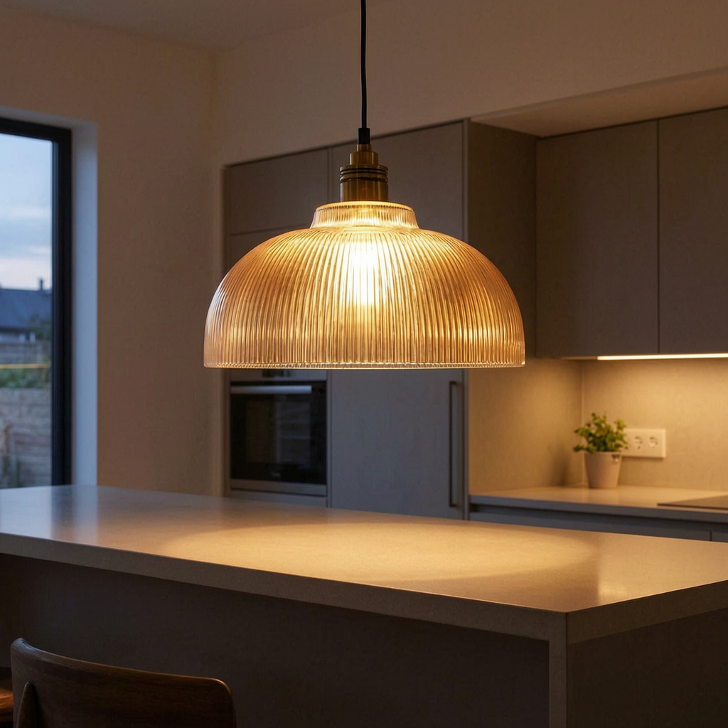 Lámpara colgante LumiVibe encendida sobre una barra de cocina