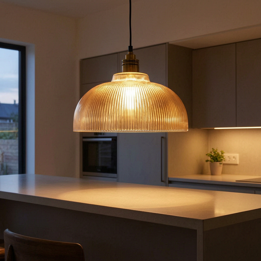 Lámpara colgante LumiVibe encendida sobre una barra de cocina