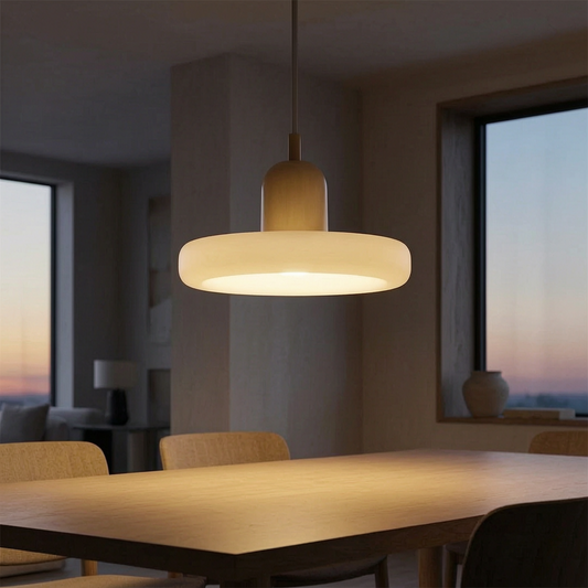 Lámpara colgante Morandi encendida sobre una mesa de comedor