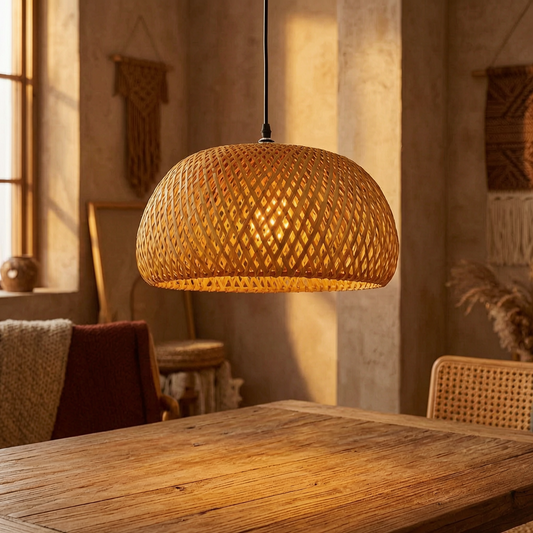 Lámpara colgante de bambú encendida sobre una mesa de comedor